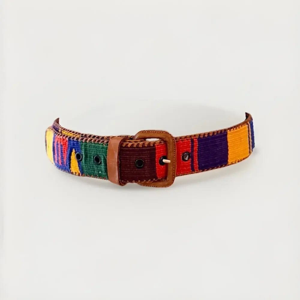 90s Vintage Woven Southwest Belt Aztec Mexican Festival Boho Hippie Leather N